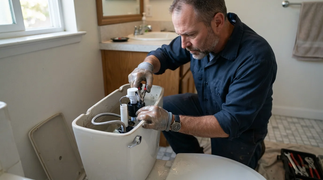 Toilet fill valve being replaced in a San Jose bathroom