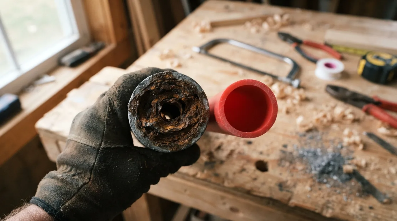 Old galvanized pipe narrowed by rust beside new PEX