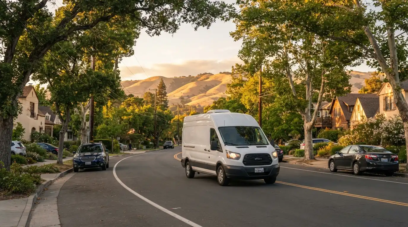 Plumbing service van on a residential street in San Jose