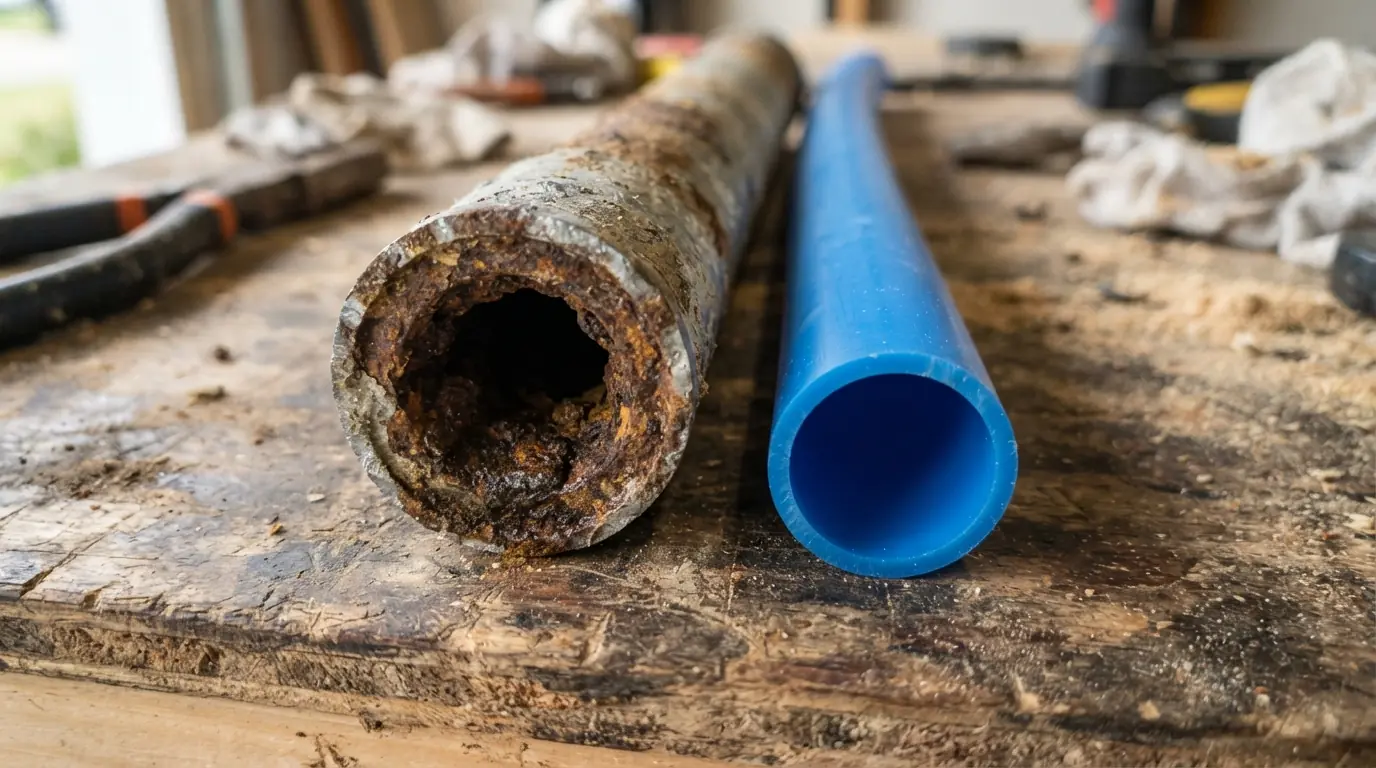 Corroded galvanized pipe cut open beside new PEX