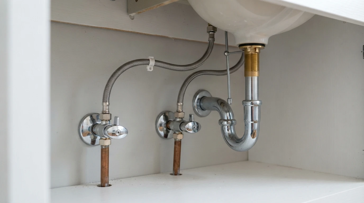 Quarter-turn angle stops under a bathroom sink