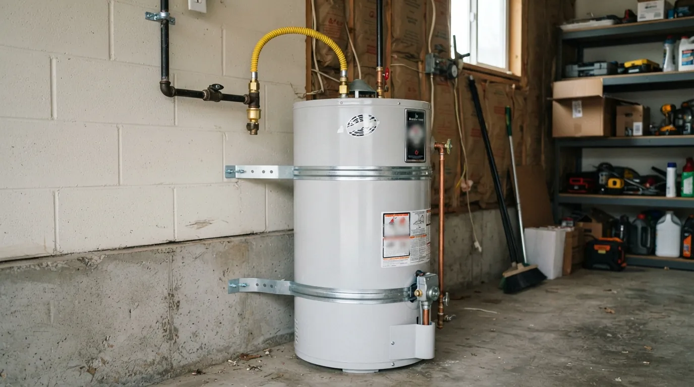 Water heater with new seismic straps and gas connector