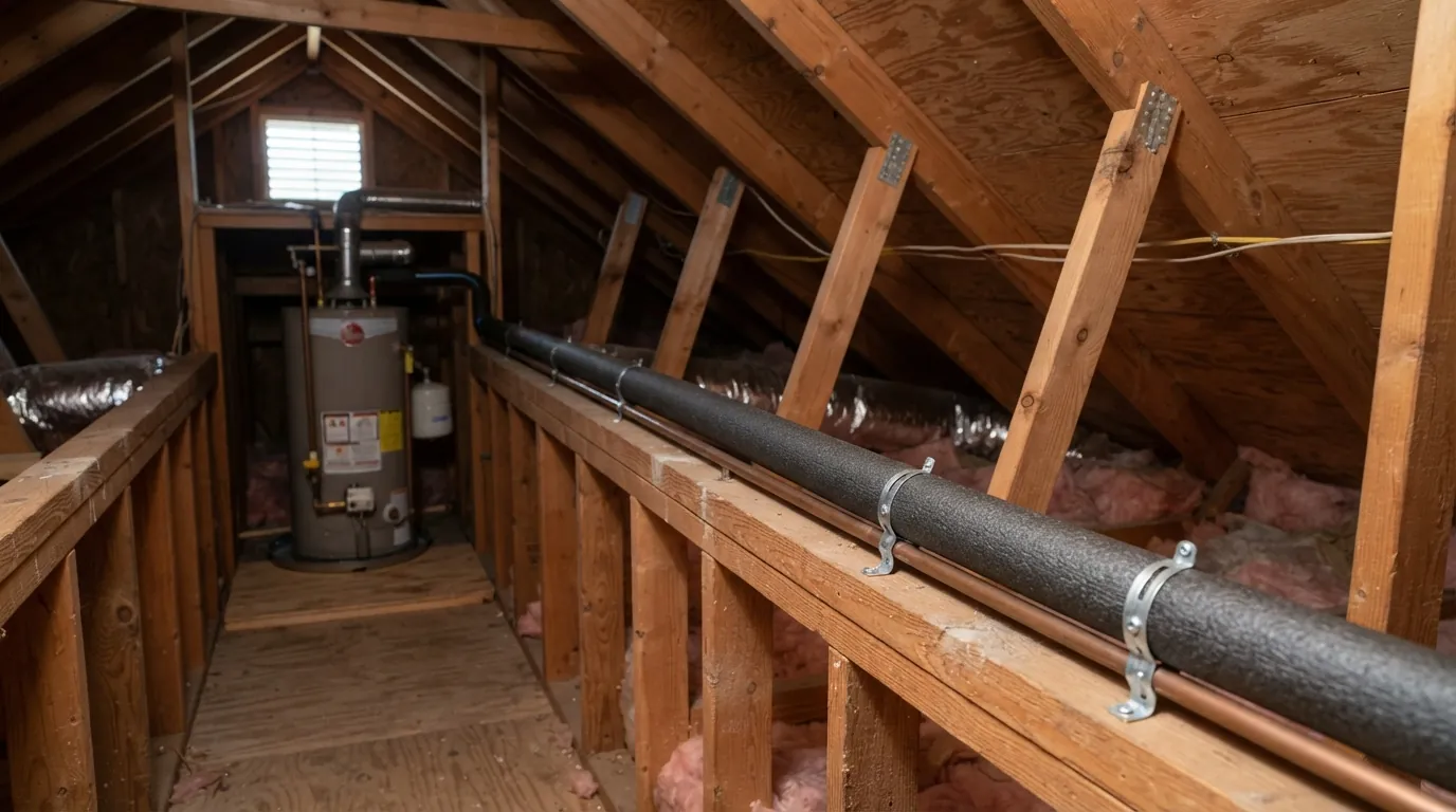 Insulated hot water return line in an attic
