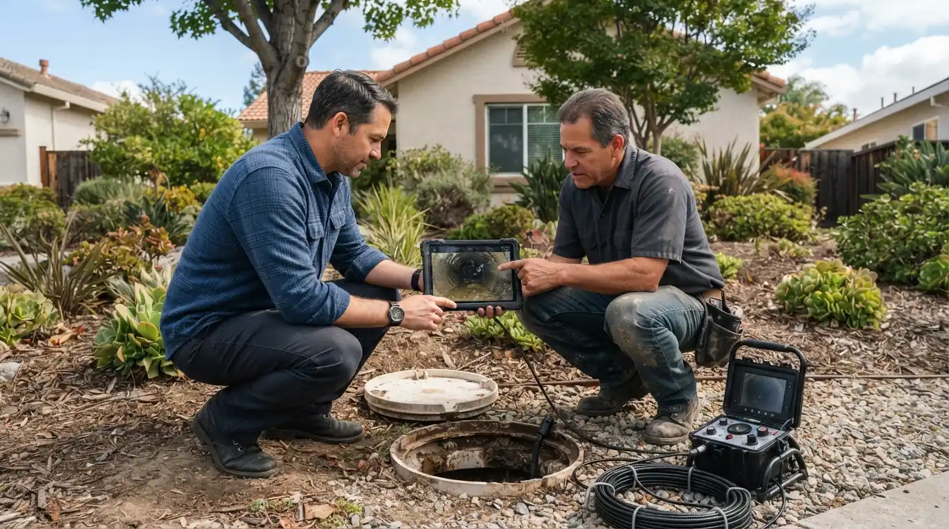 Homeowner reviewing sewer camera footage with a plumber in San Jose