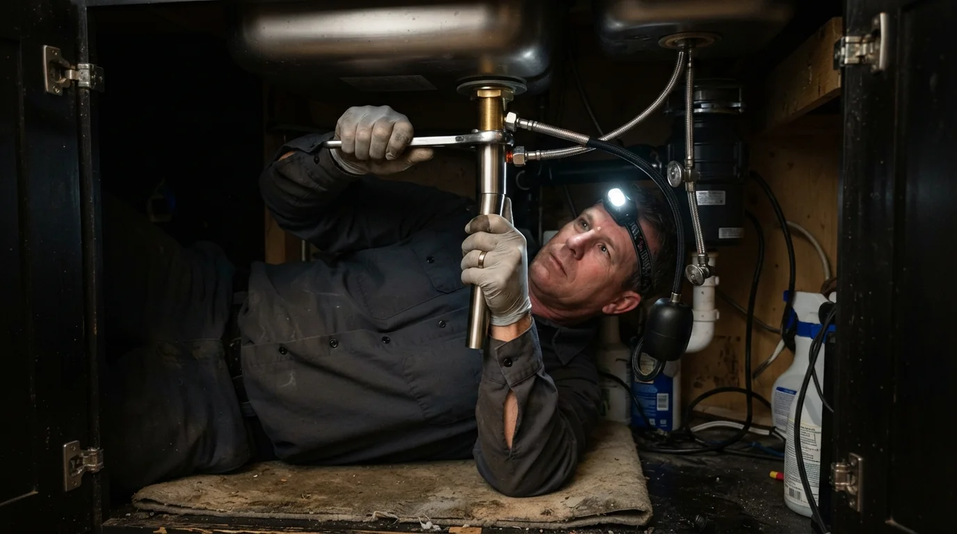 New pull-down faucet being mounted under a San Jose kitchen sink