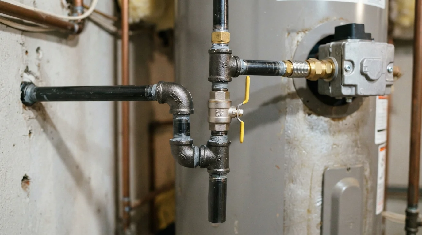 Sediment trap and gas shutoff on a new water heater