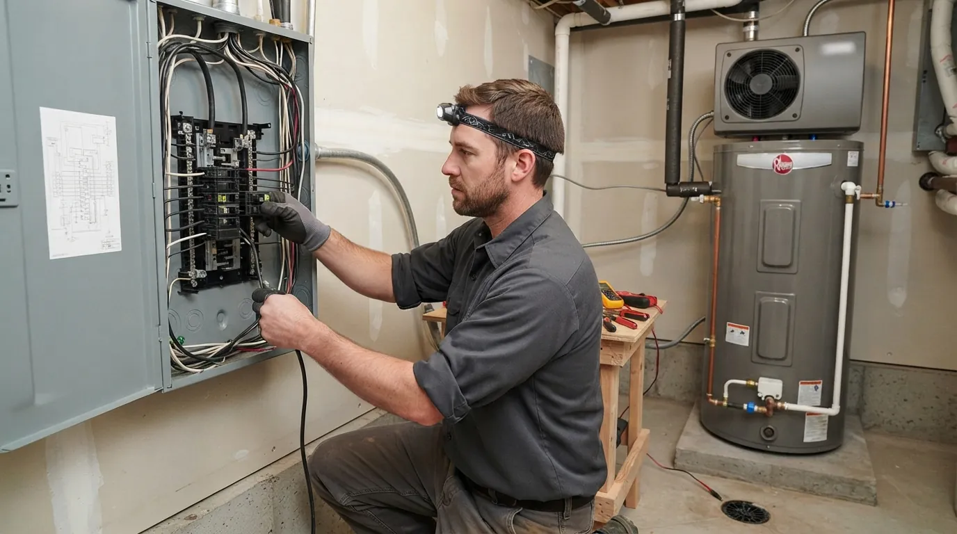Electrician and plumber at a panel beside a new heat pump water heater