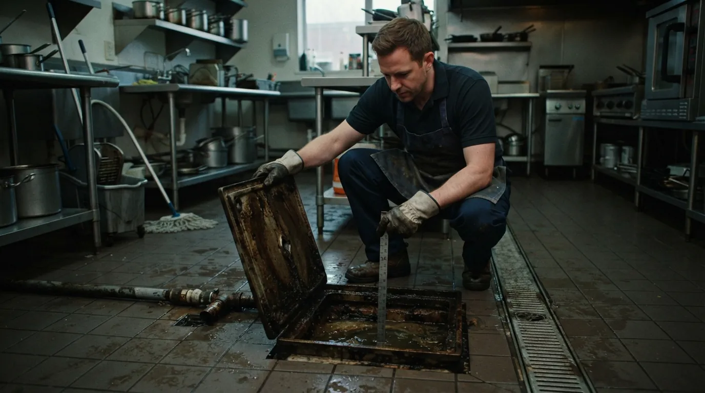Grease trap being opened in a San Jose restaurant kitchen