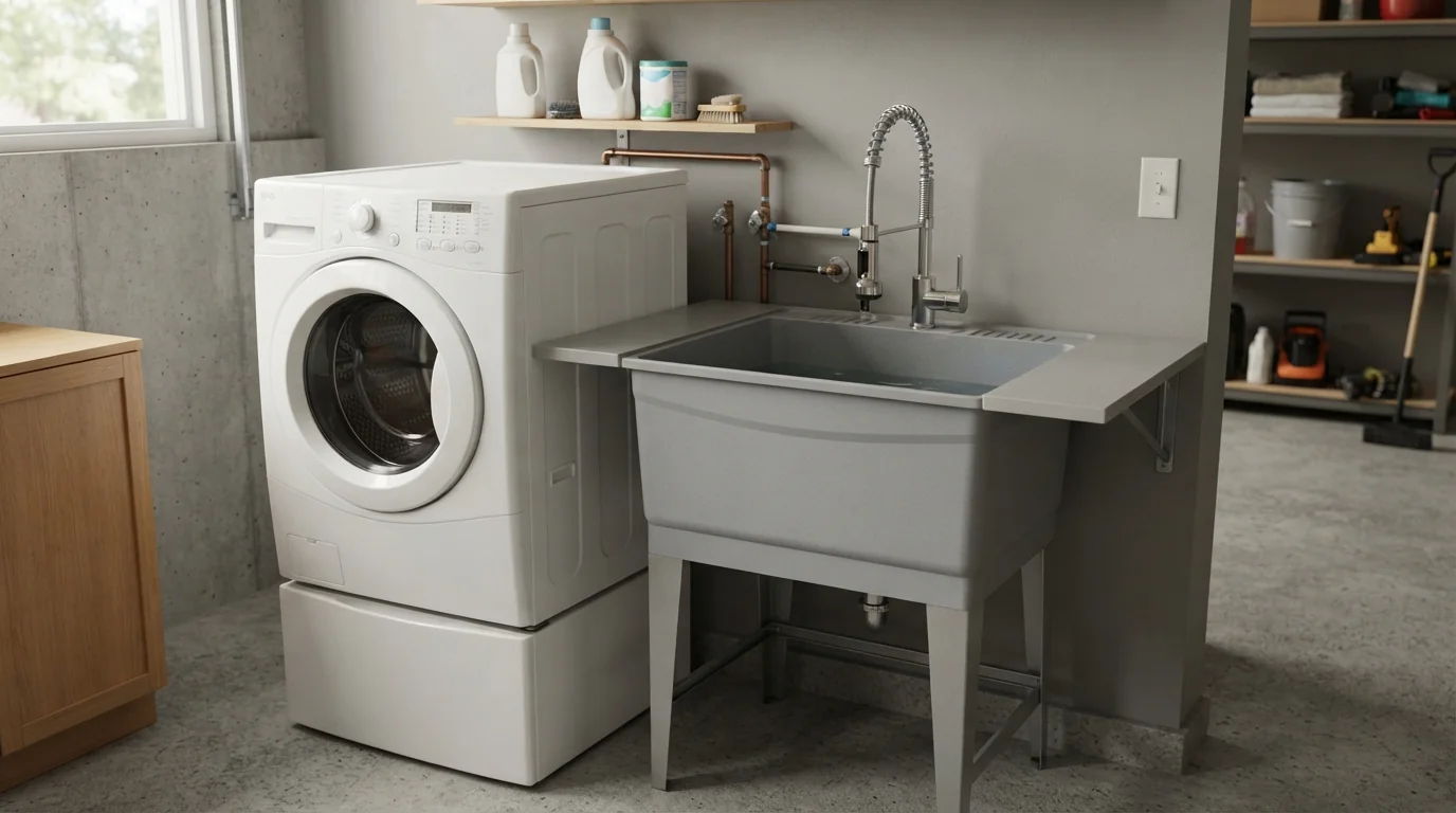 Utility sink with sprayer faucet in a garage laundry
