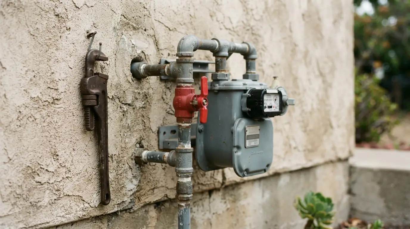 Gas meter with a shutoff wrench and seismic valve at a San Jose home