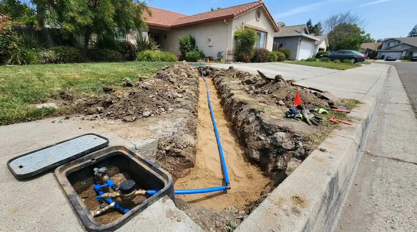New water service line laid from the meter at a San Jose home