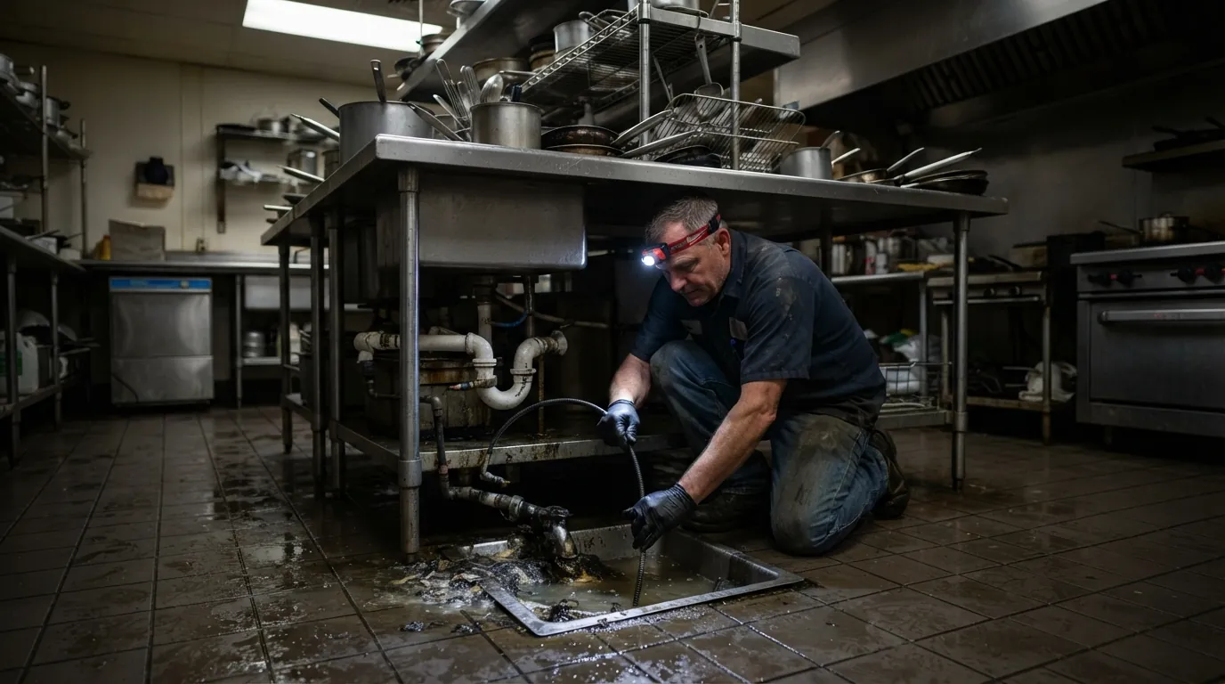 Floor sink drain being cleared in a San Jose restaurant kitchen