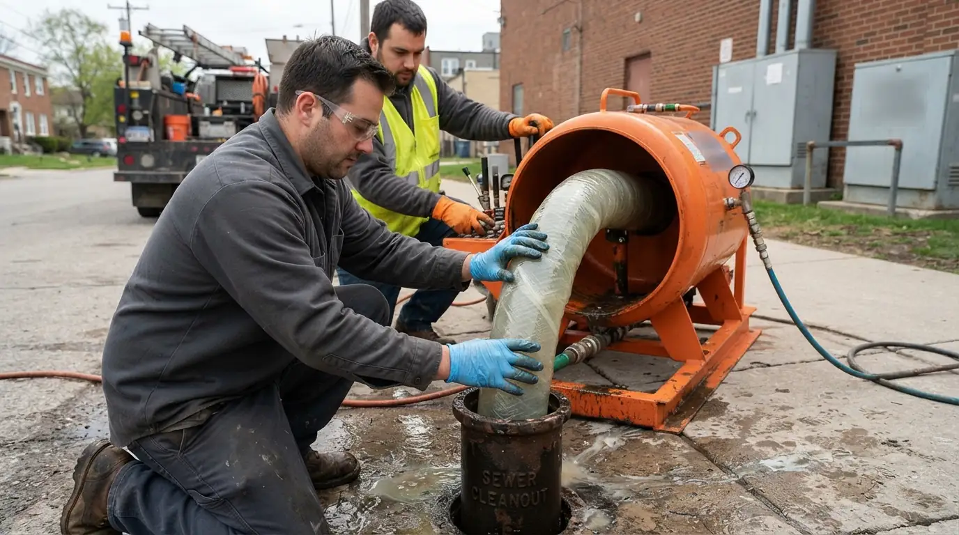 Cured-in-place liner being inverted into a sewer line