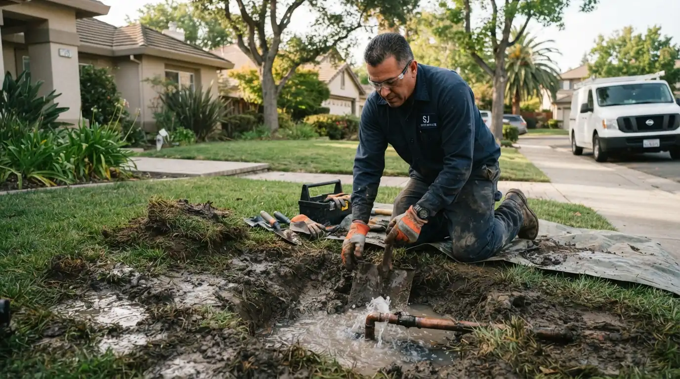 Leaking water service line exposed in a San Jose front yard