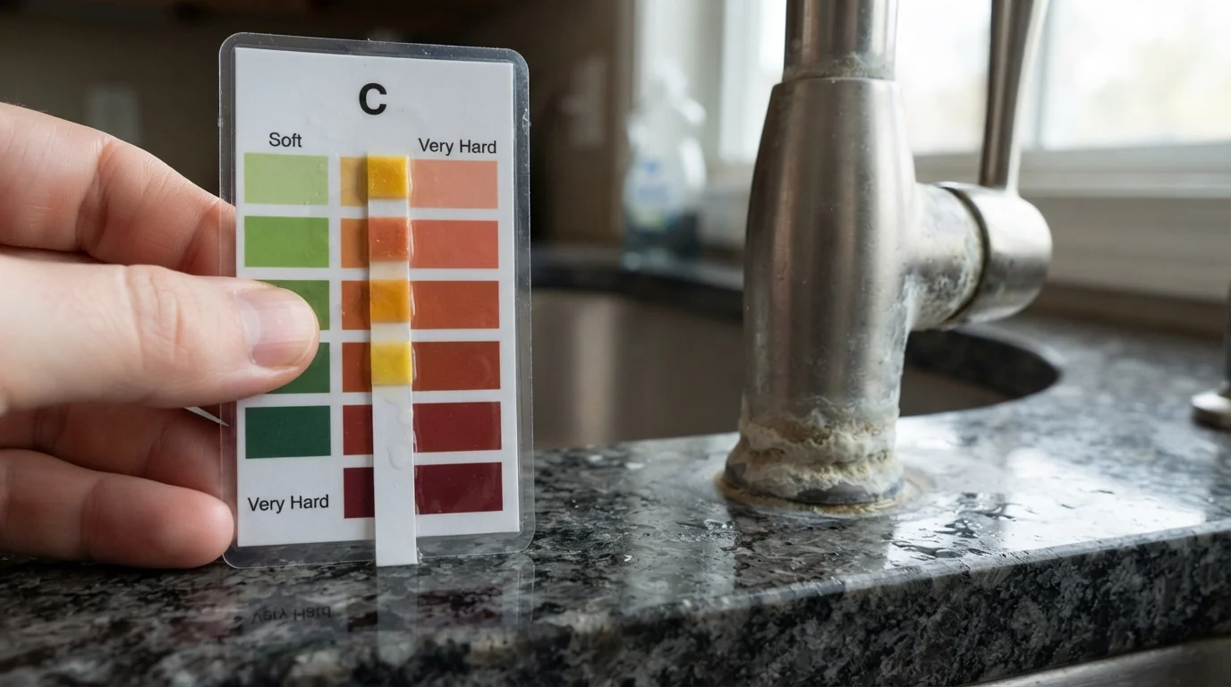 Water hardness test beside a scaled kitchen faucet in San Jose