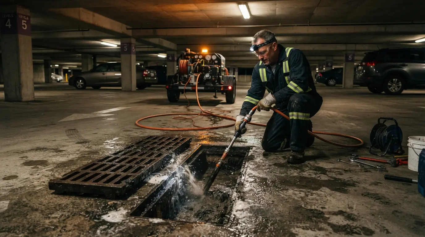 Parking garage trench drain being cleared overnight