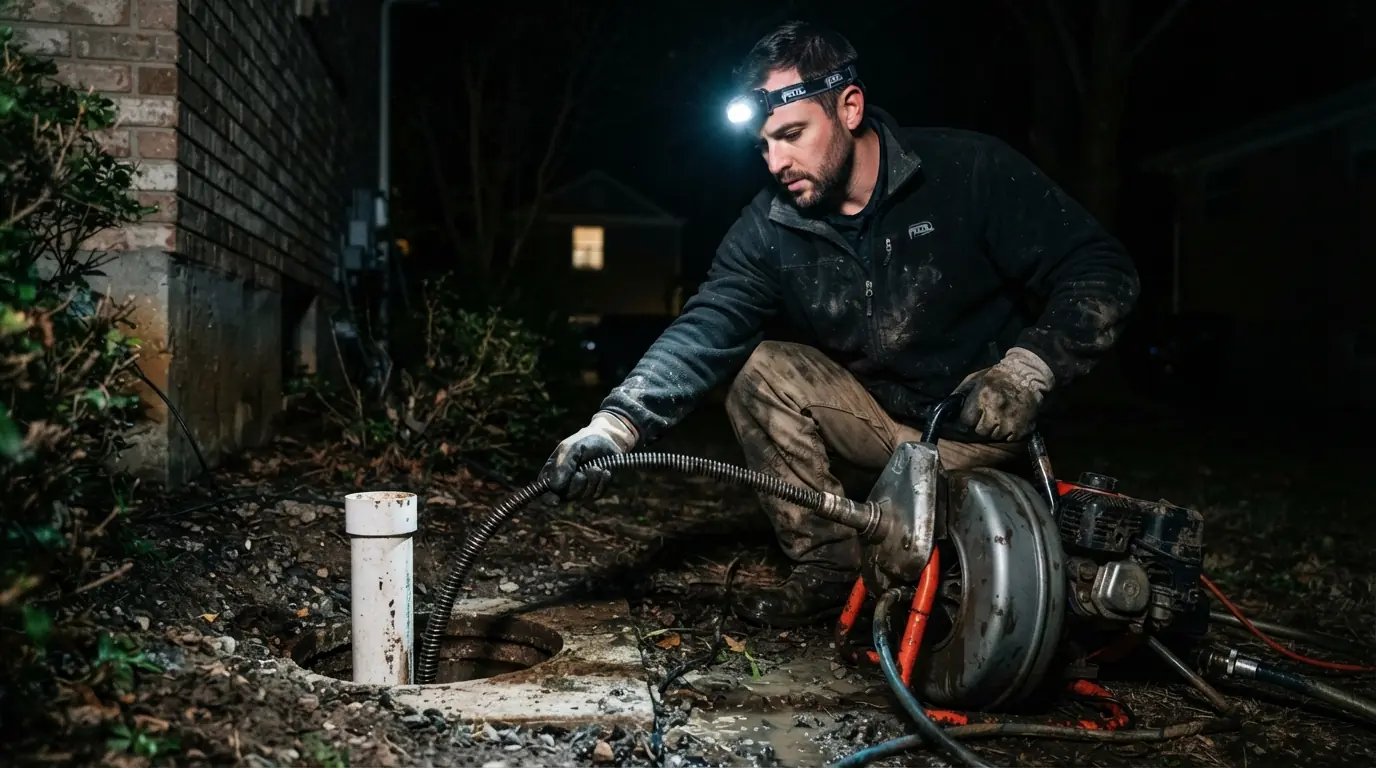 Main sewer line being cleared from a San Jose cleanout at night