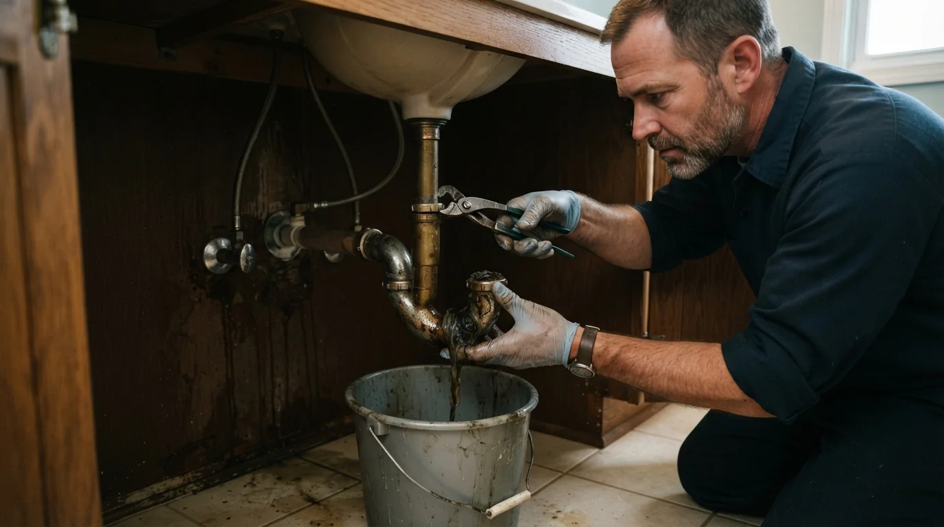 Bathroom sink trap removed to clear a hair clog