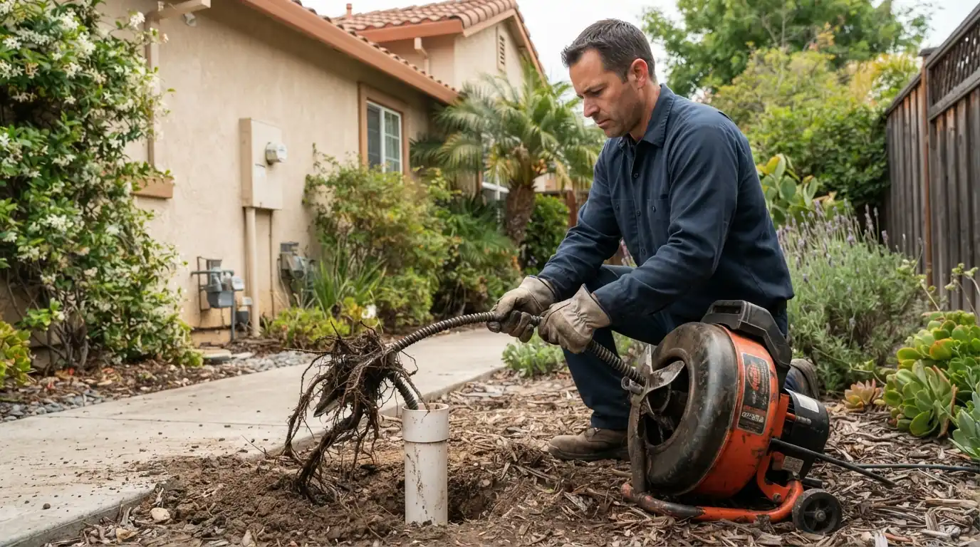 Drain machine clearing a main line at a San Jose home
