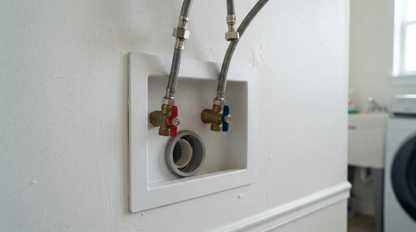 Recessed washing machine outlet box with braided hoses