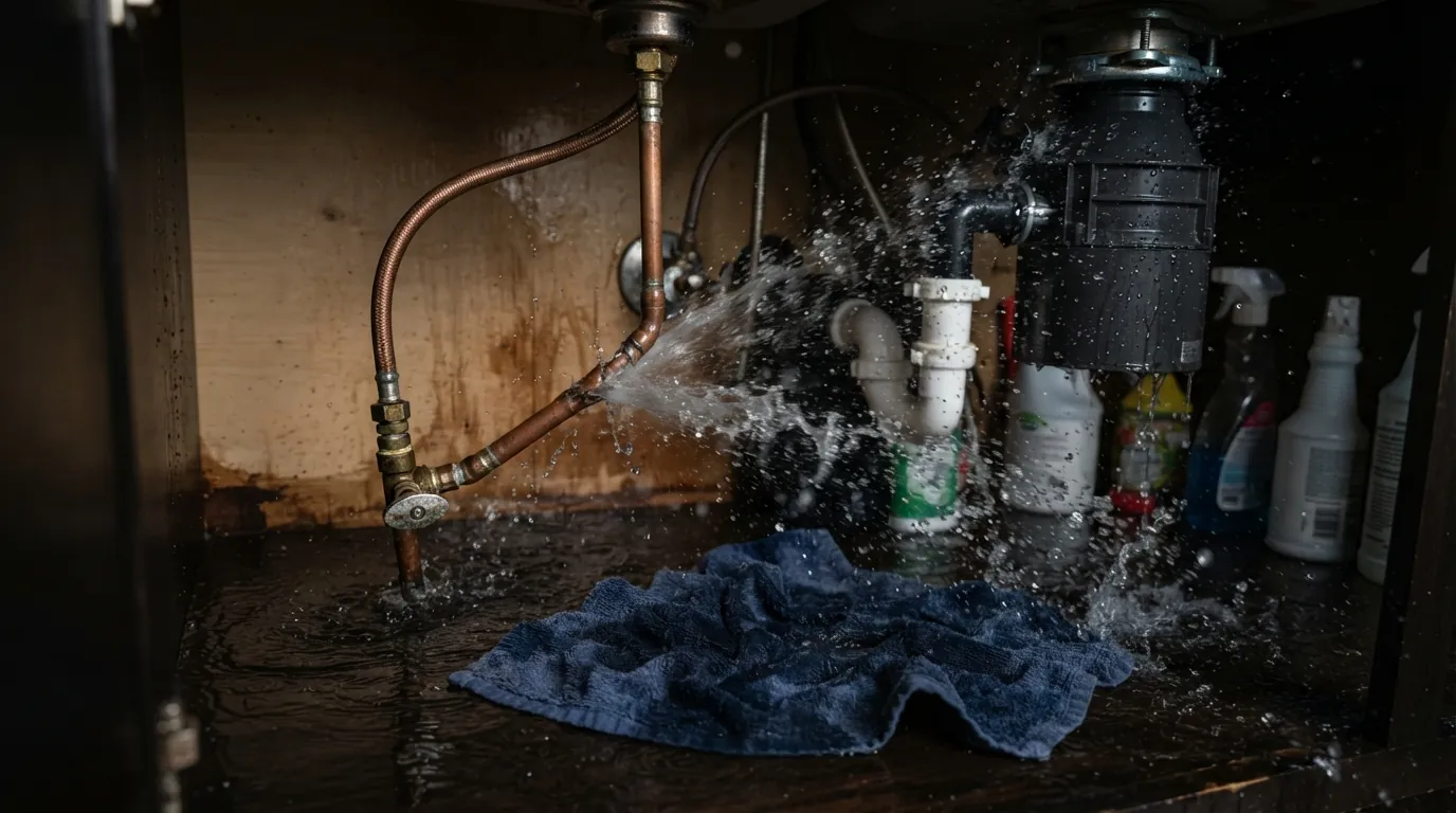 Split copper supply line leaking under a kitchen sink