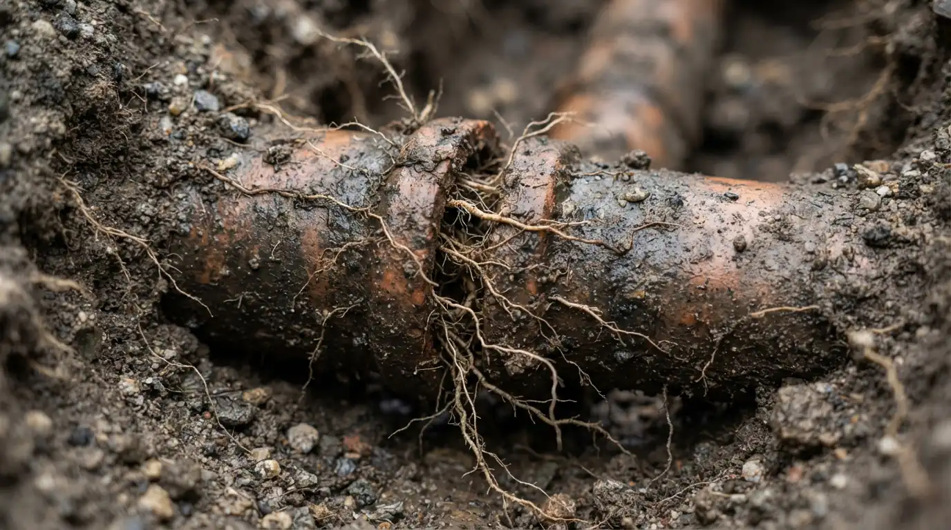 Cracked clay sewer joint with roots growing through