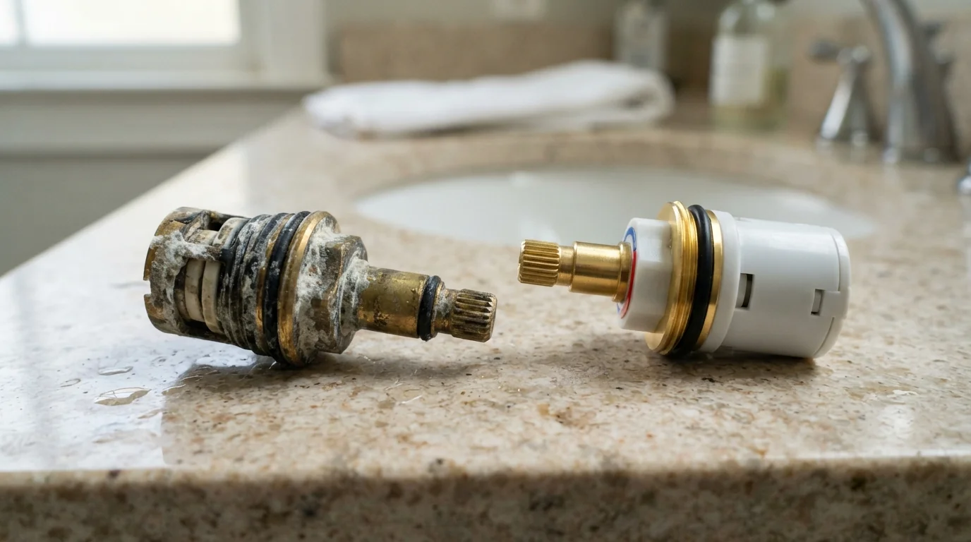 Worn faucet cartridge next to its replacement
