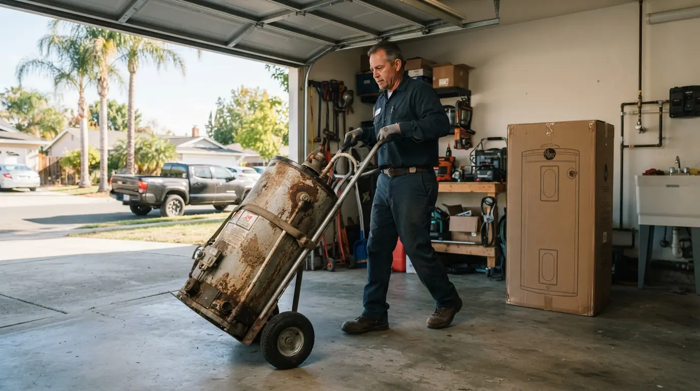 Old water heater removed from a San Jose garage