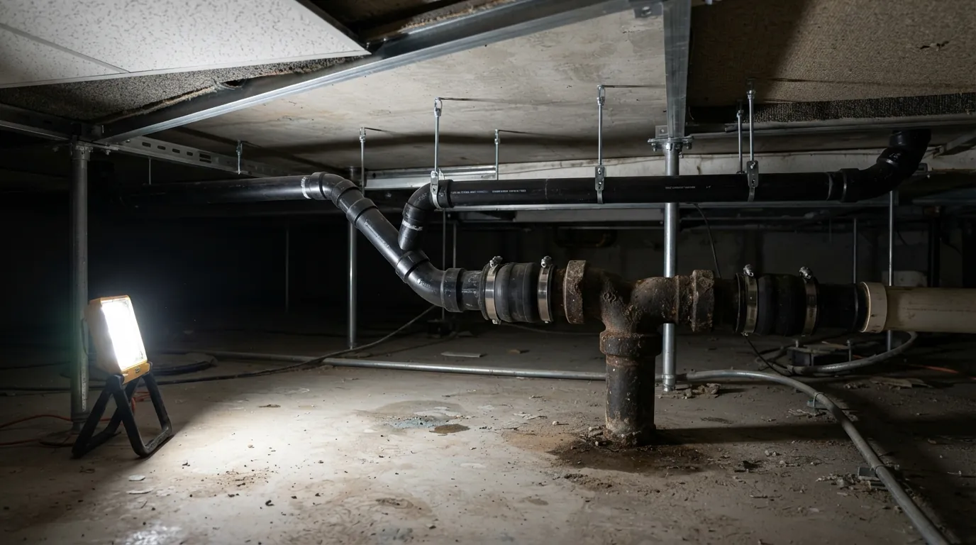 New ABS drain lines hung under a raised floor