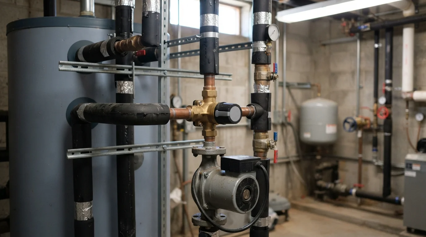 Mixing valve and circulator on a commercial storage tank