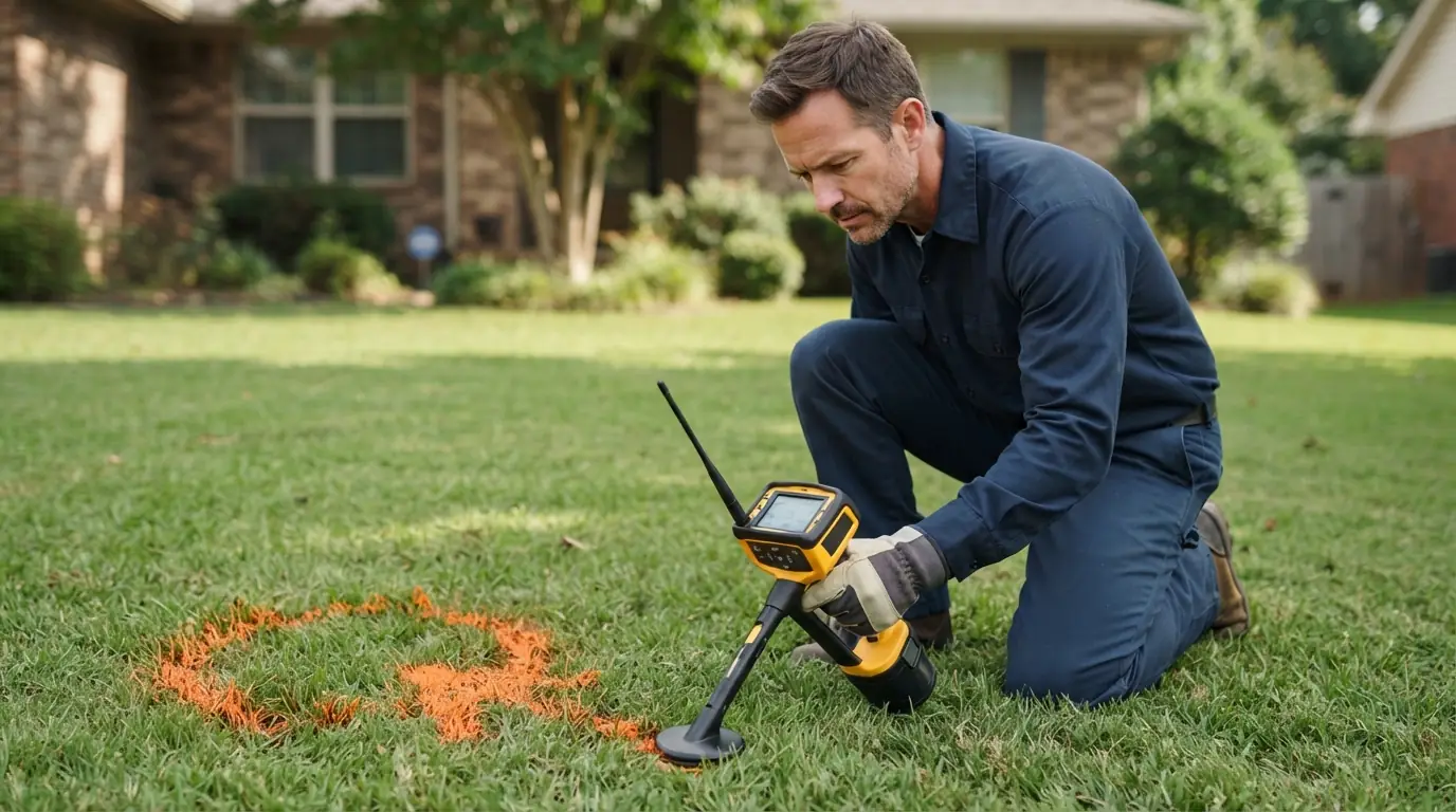 Locator marking a sewer defect on a lawn