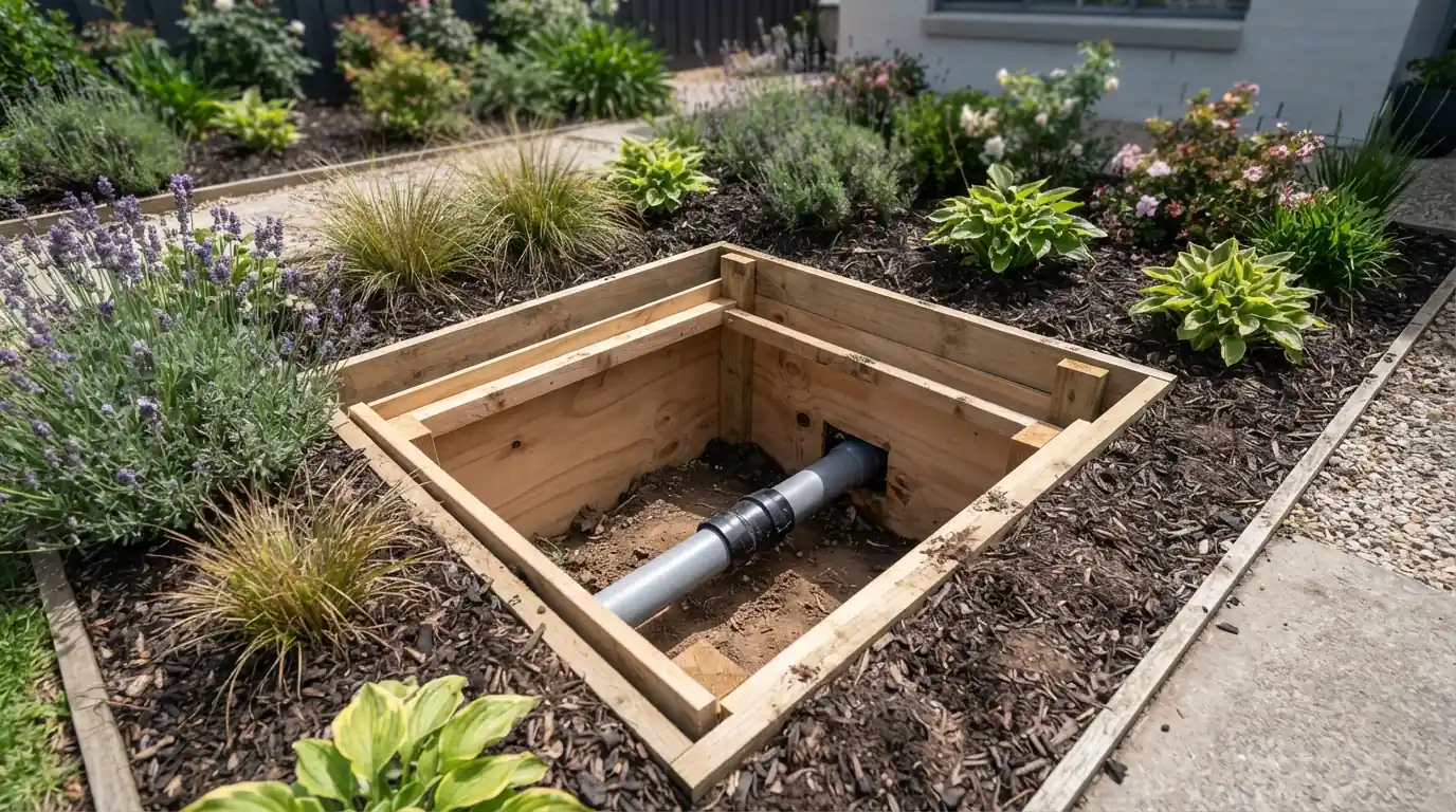 Trenchless access pit with the new pipe connection exposed