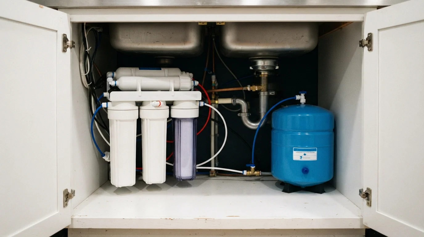 Under-sink reverse osmosis system in a kitchen cabinet