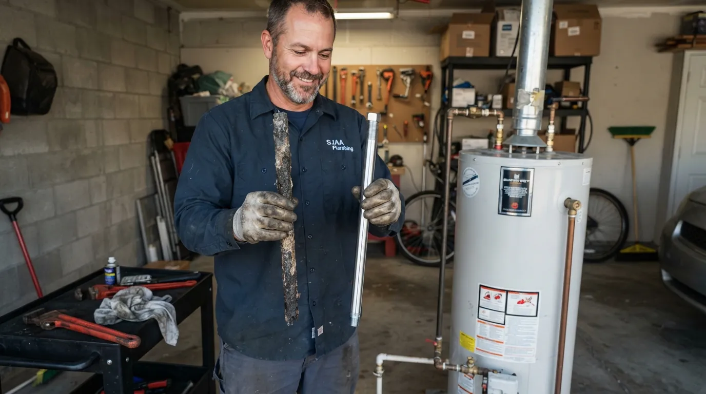 Corroded anode rod beside a new one at a San Jose water heater