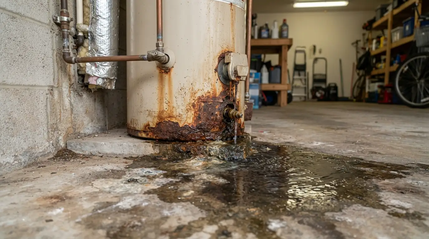 Rusted base of a leaking water heater