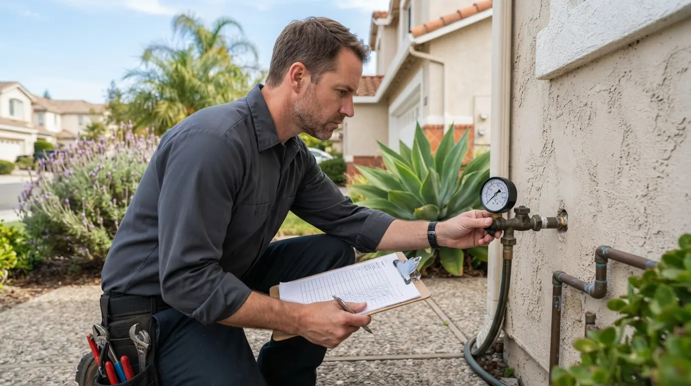 Plumber checking water pressure during a San Jose home inspection