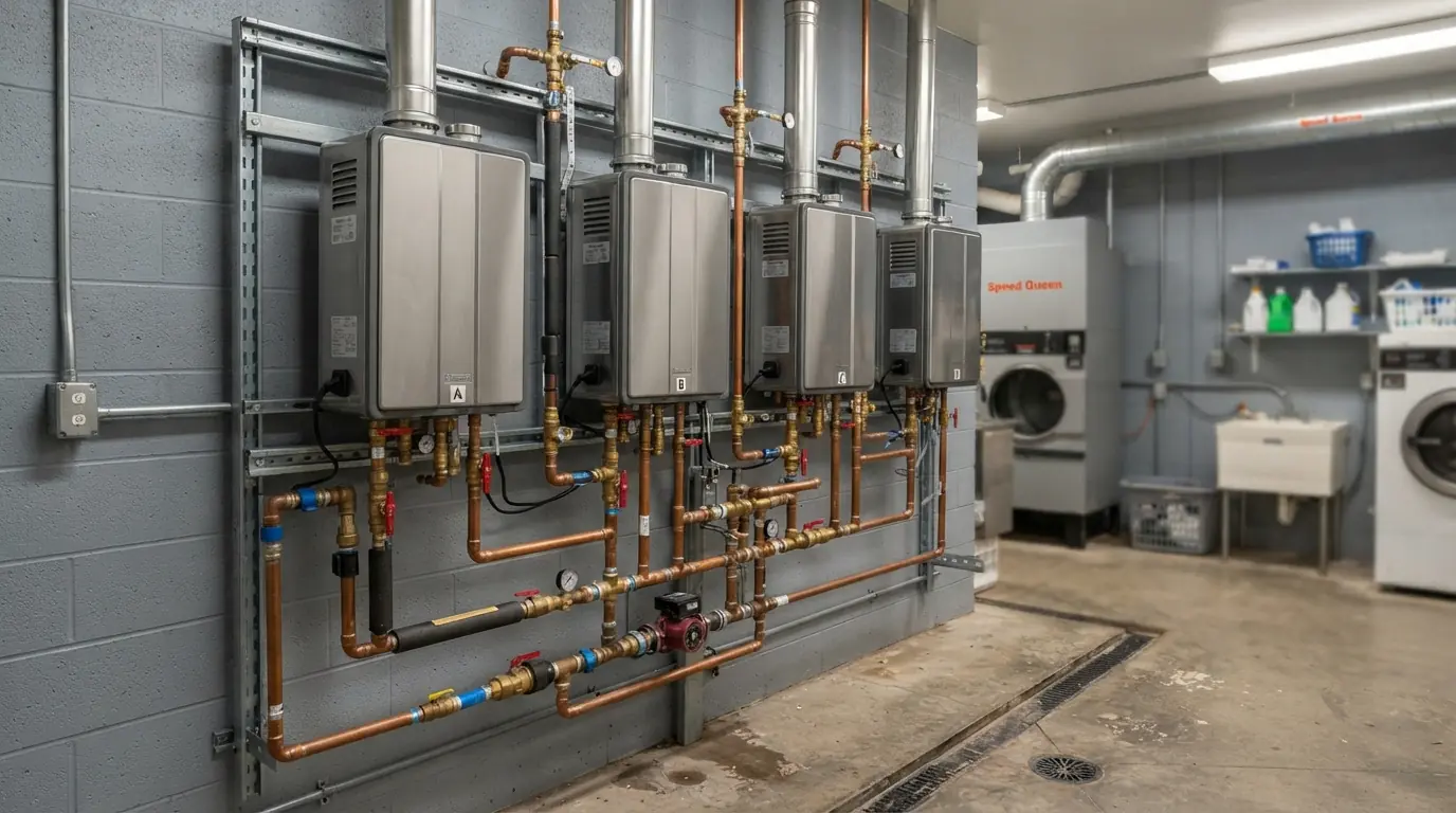 Rack of tankless water heaters in a commercial laundry