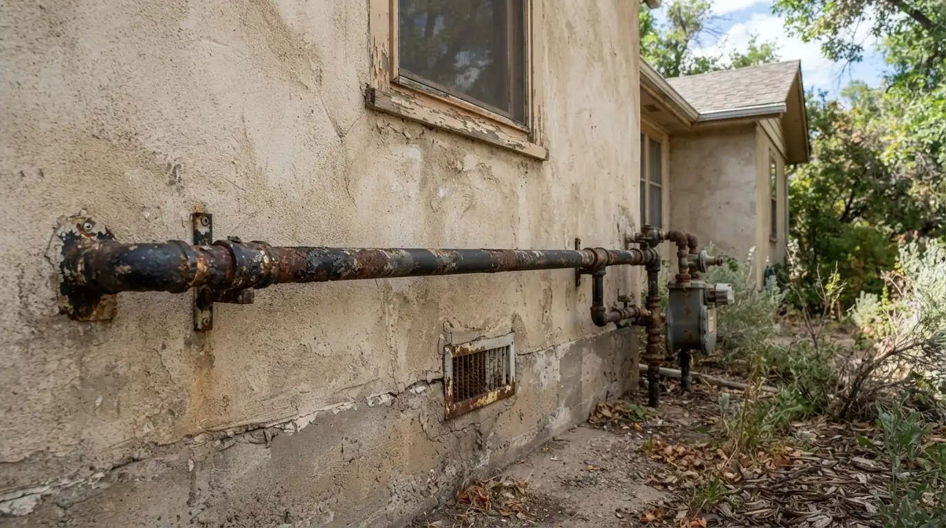 Corroded black iron gas pipe on an exterior wall