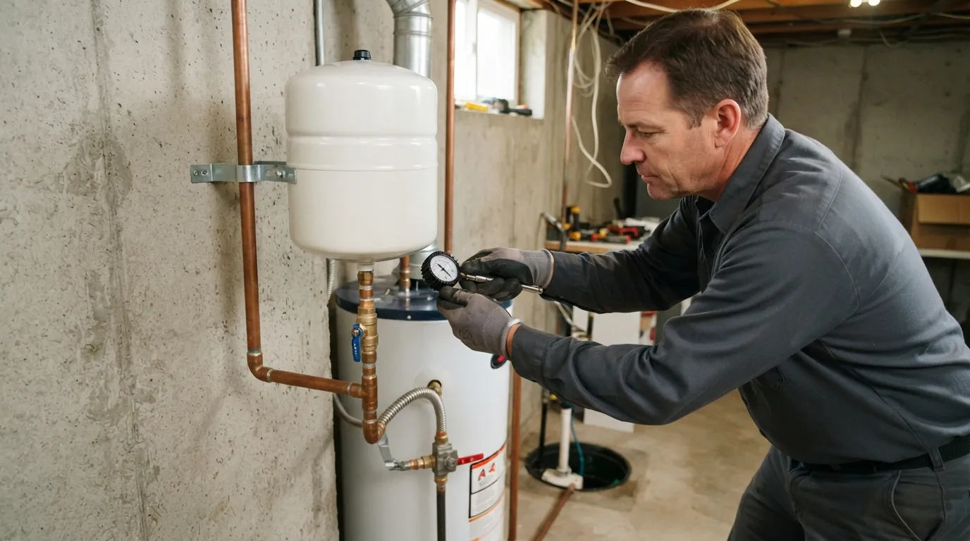Expansion tank air charge being checked beside a water heater