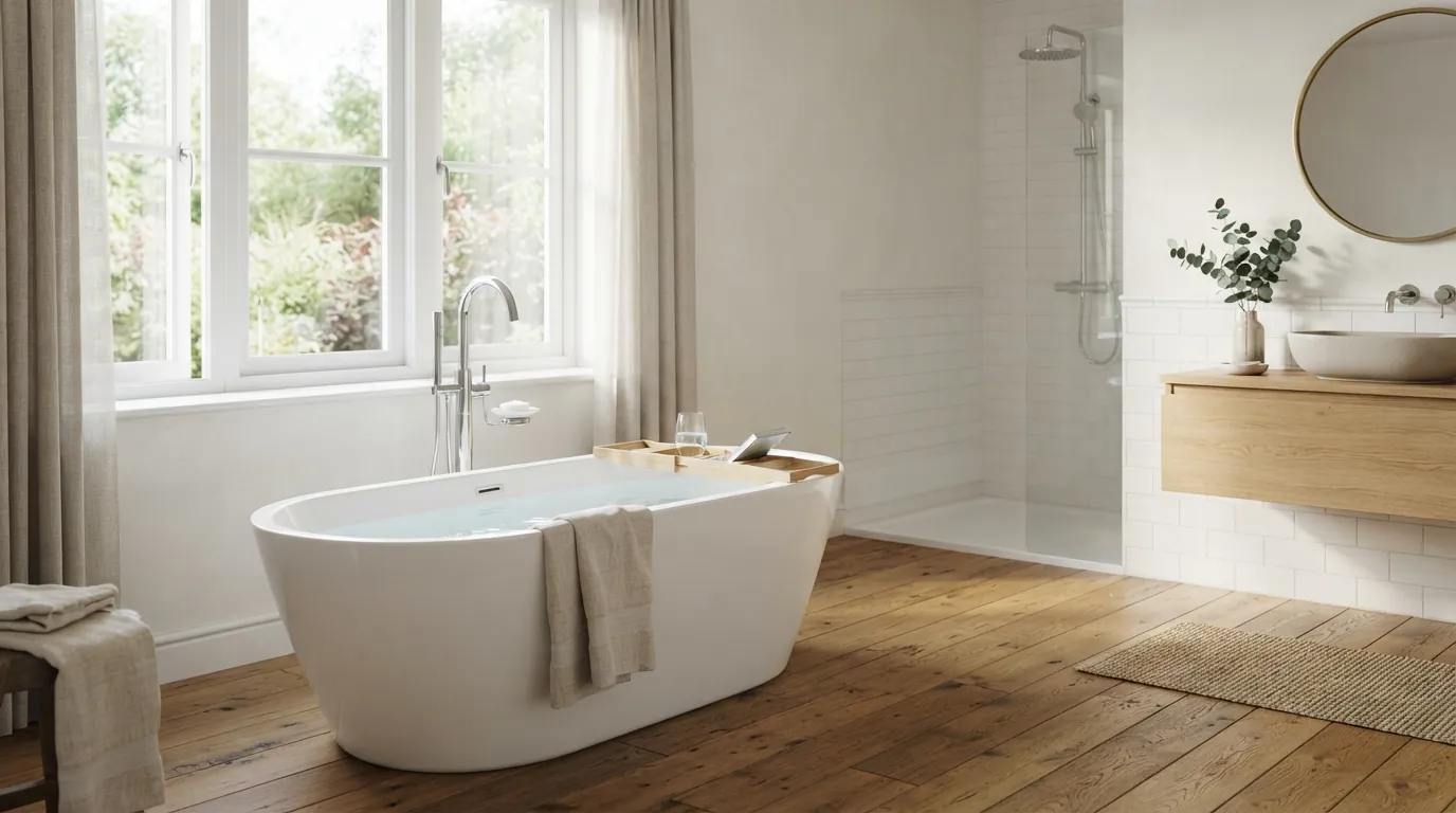 Freestanding tub with a floor-mounted filler