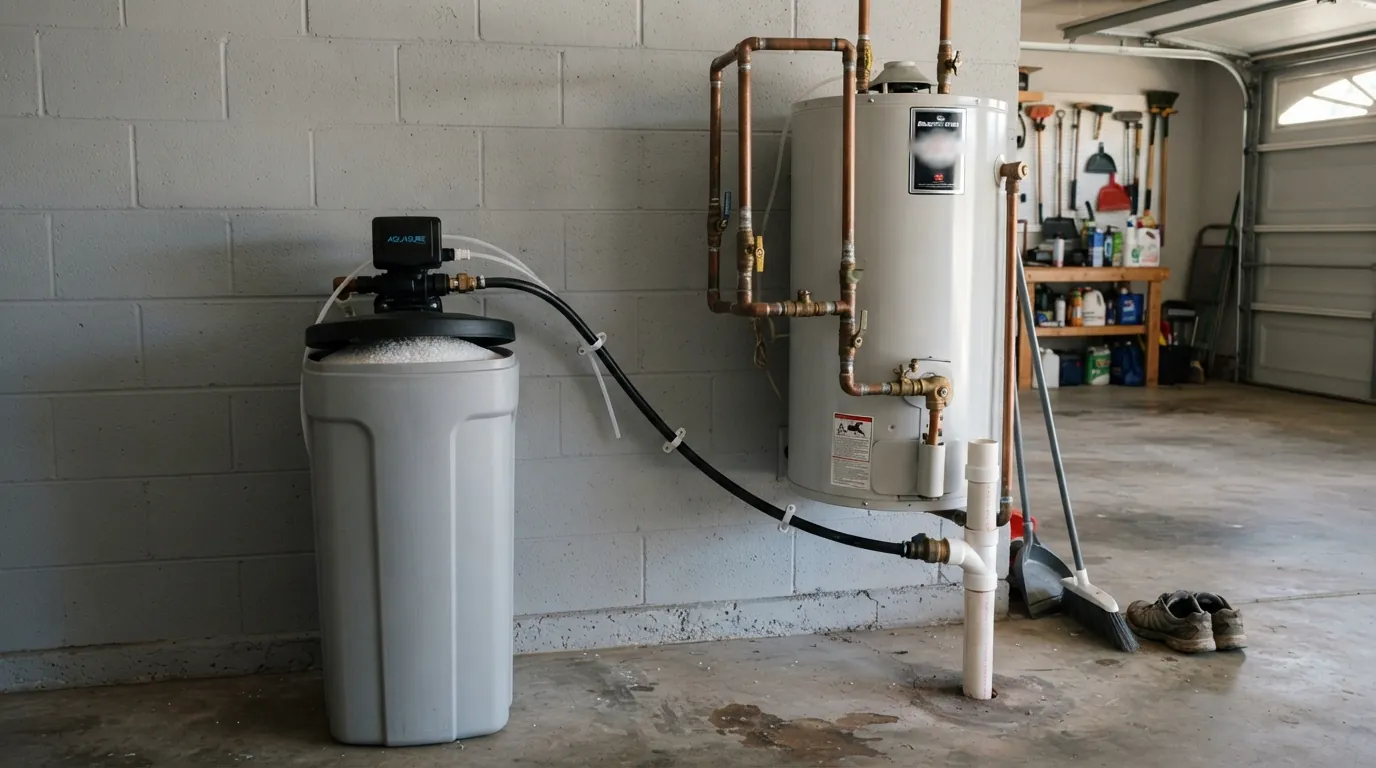 Water softener and brine tank installed in a San Jose garage