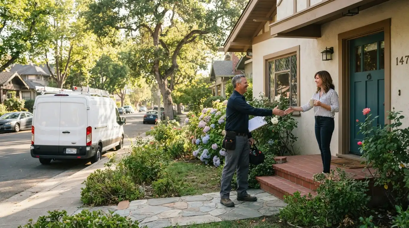 Plumber greeting a homeowner at the door of a San Jose home