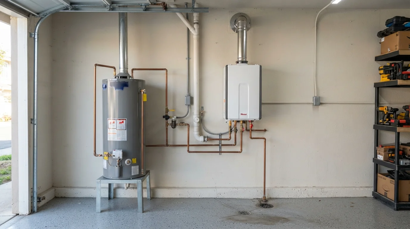 Tank and tankless water heaters side by side in a San Jose garage
