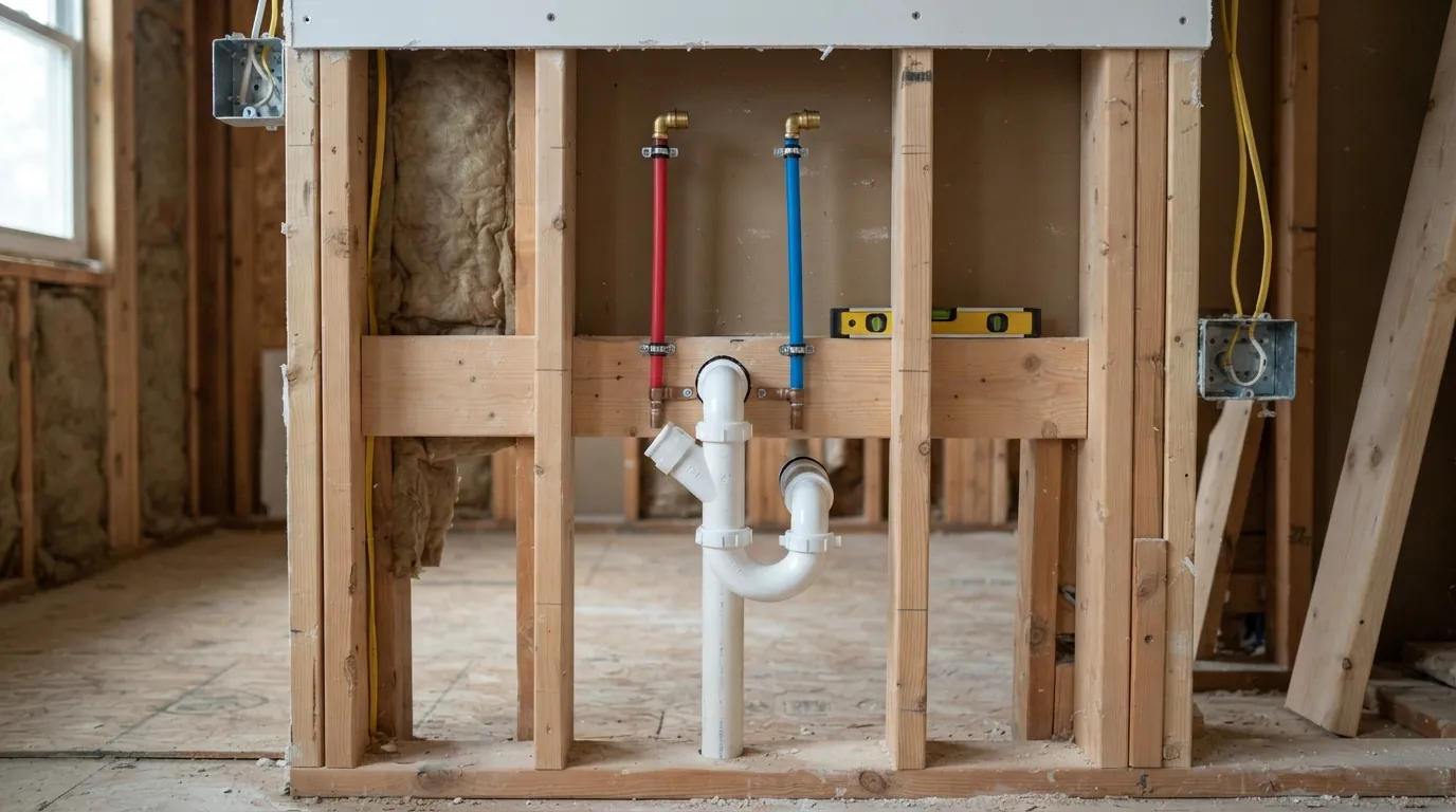 Bathroom remodel rough-in with new drain and supply stubs