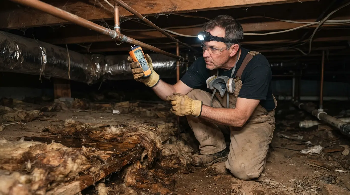 Crawl space supply line traced with a moisture meter