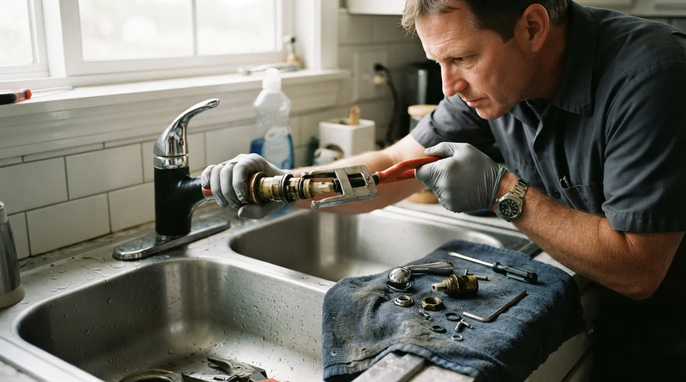 Plumber replacing a kitchen faucet cartridge in a San Jose home