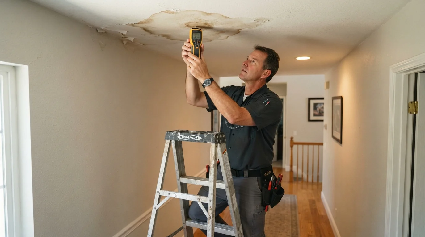 Plumber checking a stained ceiling for a hidden leak in San Jose