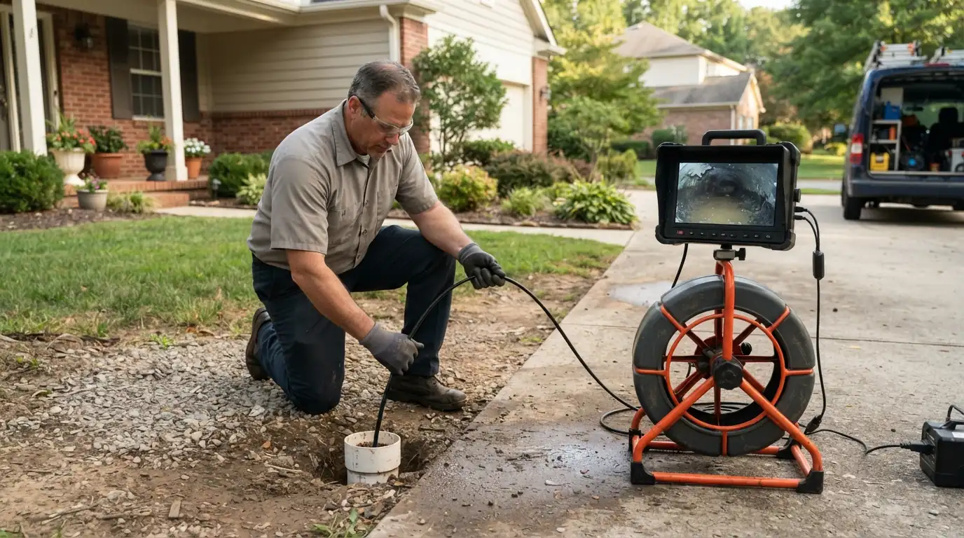 Sewer camera being fed into a San Jose front-yard cleanout