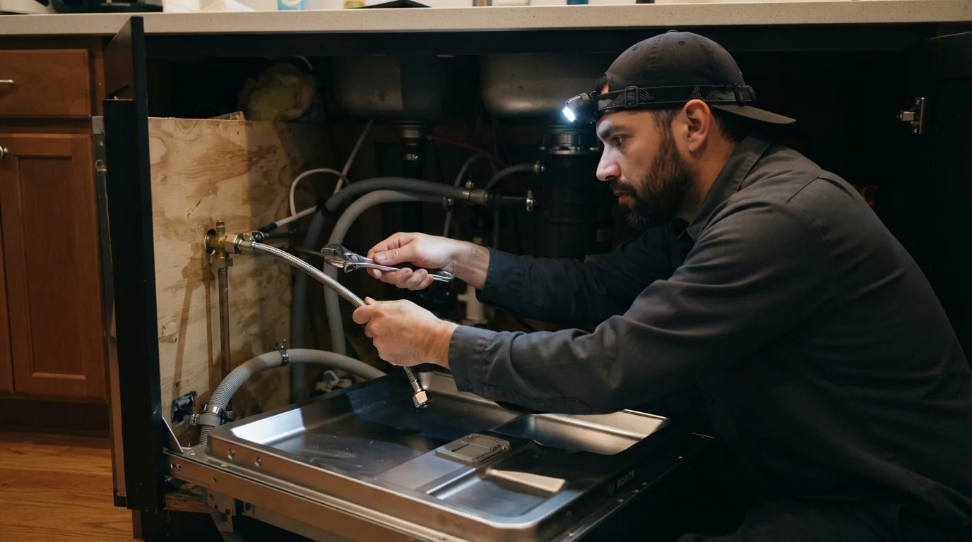 Plumber connecting a new dishwasher in a San Jose kitchen