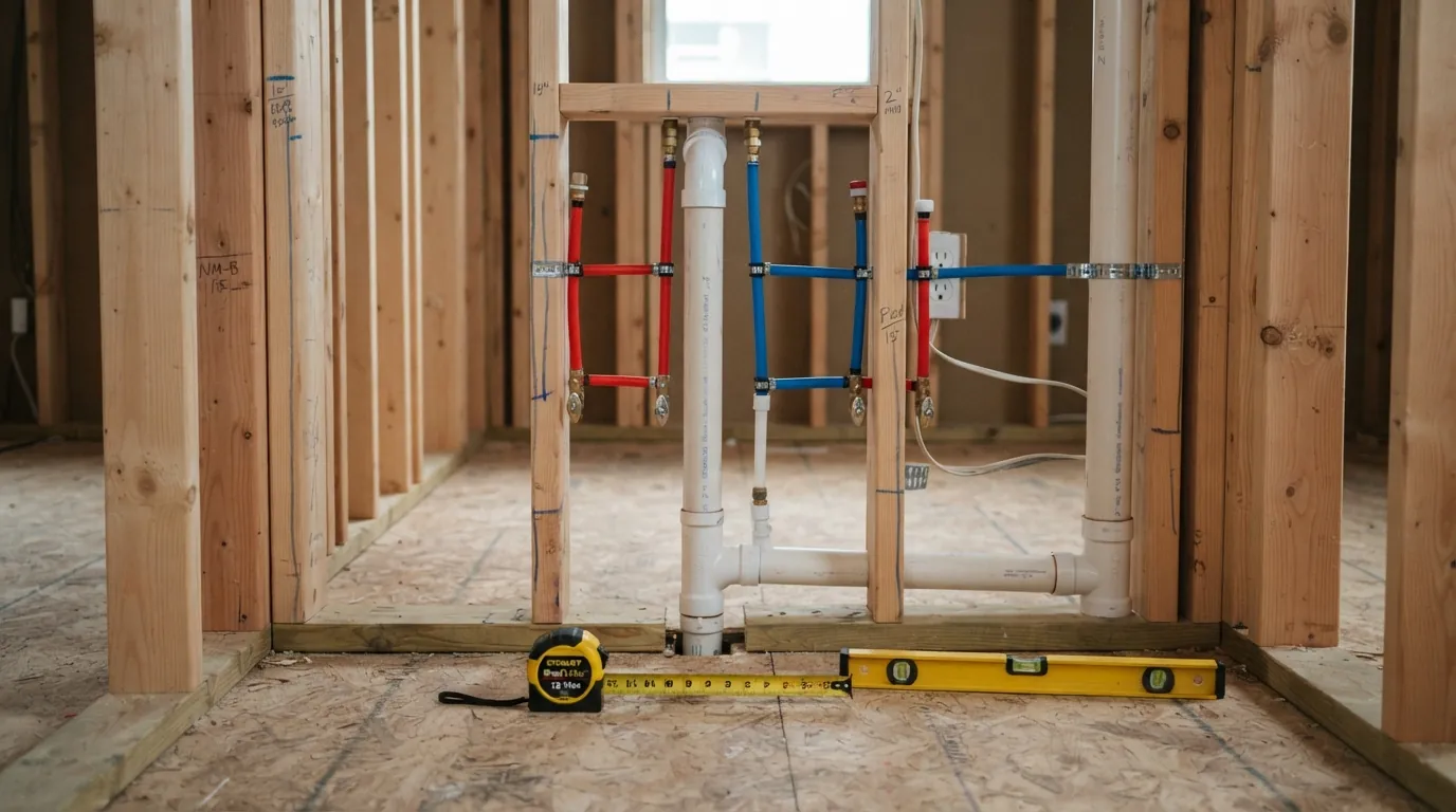 Bathroom remodel rough-in with new drain and supply lines